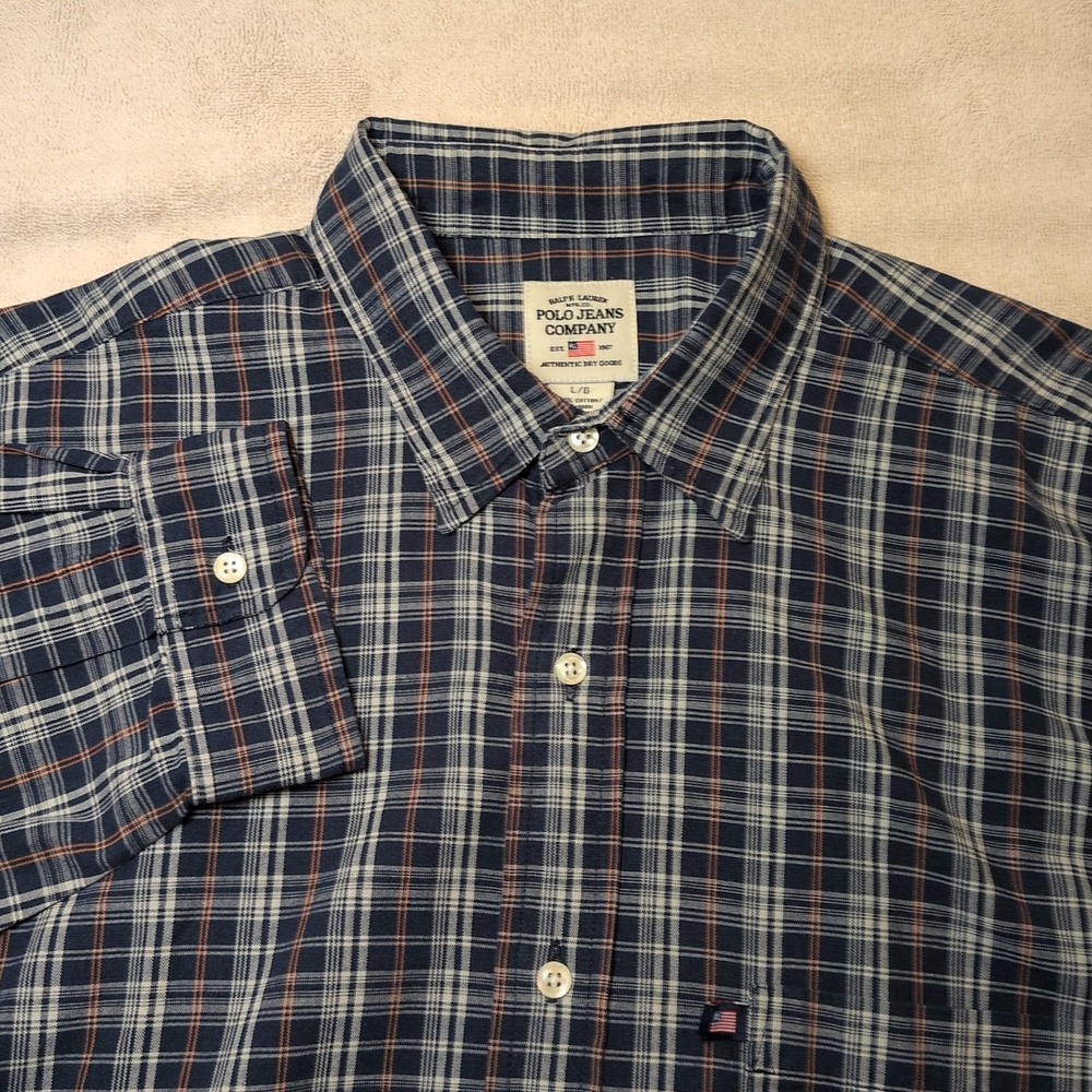 Vintage Polo Jeans Co Ralph Lauren Shirt Mens Large Blue RL American Flag Logo